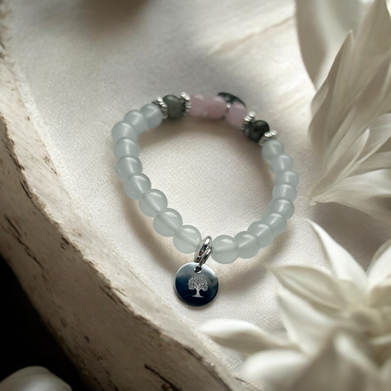 ARMBAND ,,LIORA“ Heilstein Mondstein Rosenquarz Perlenarmband