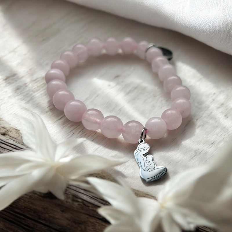 Rosenquarz  Perlen Armband für Mama – Naturstein Schmuck mit rosenquarz , ideales Geschenk für Mütter, handgefertigt aus hochwertigem Material, Trendiges geburts Geschenk für Frauen 